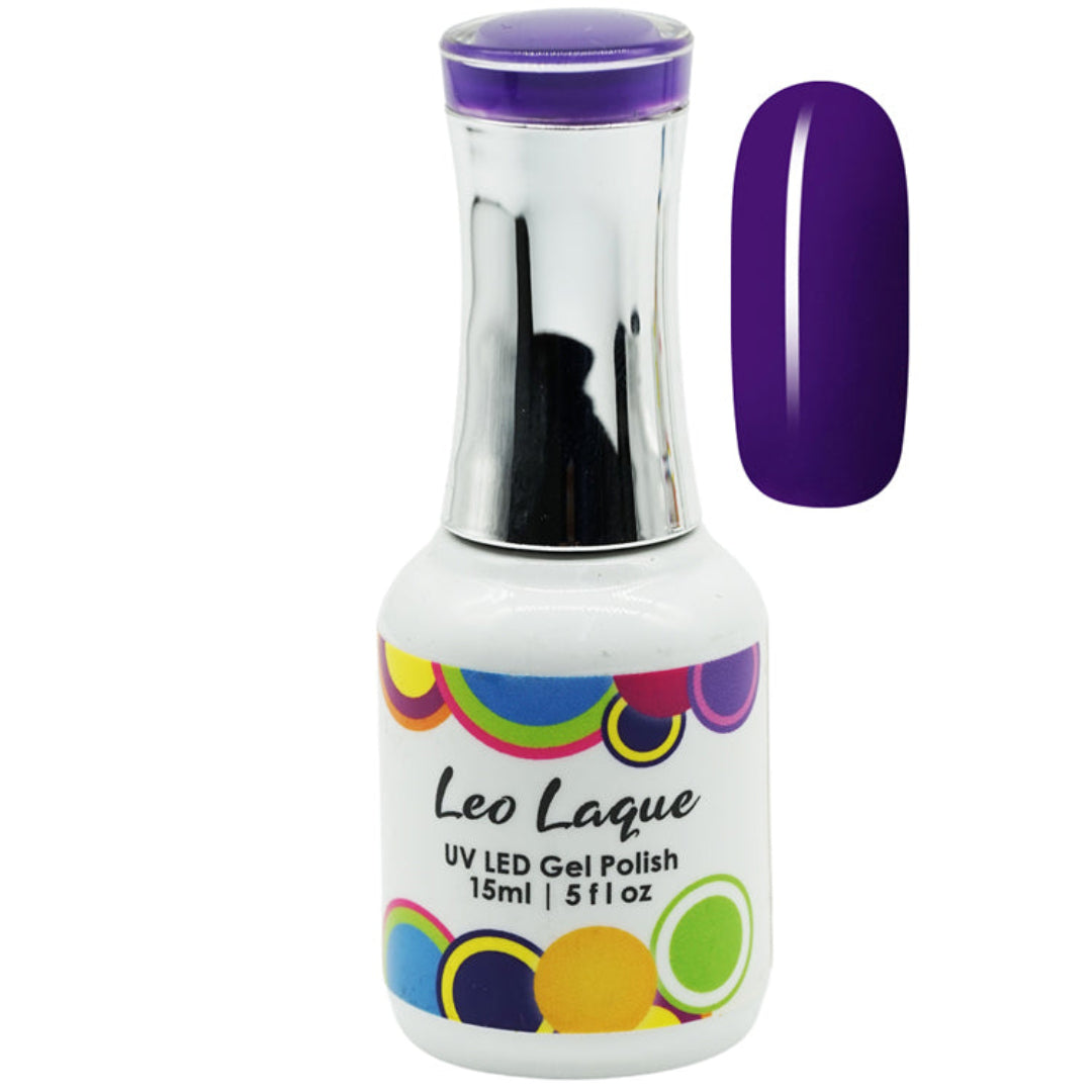 A bottle of Leo Laque UV LED Gel Polish in a deep purple shade, shown alongside a matching glossy purple nail swatch on a plain white background.
