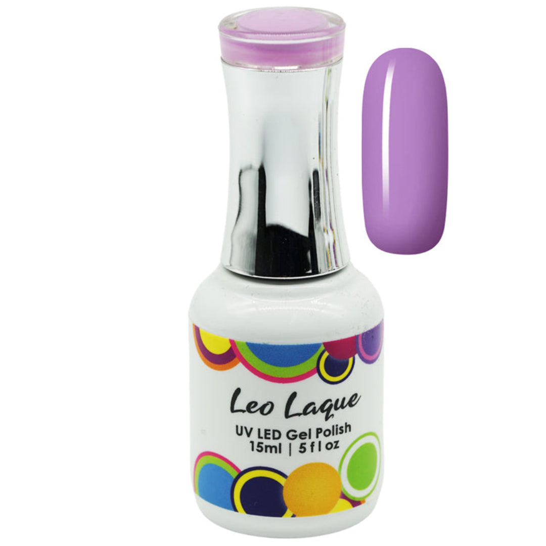 A bottle of Leo Laque UV LED gel polish in a light purple shade, shown alongside a matching glossy nail swatch on a plain white background.