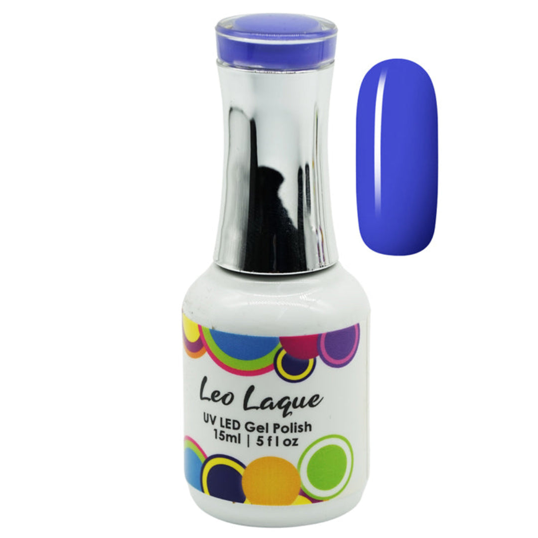A bottle of Leo Laque UV LED gel nail polish in a vibrant blue shade, shown alongside a matching blue nail swatch on a plain white background.
