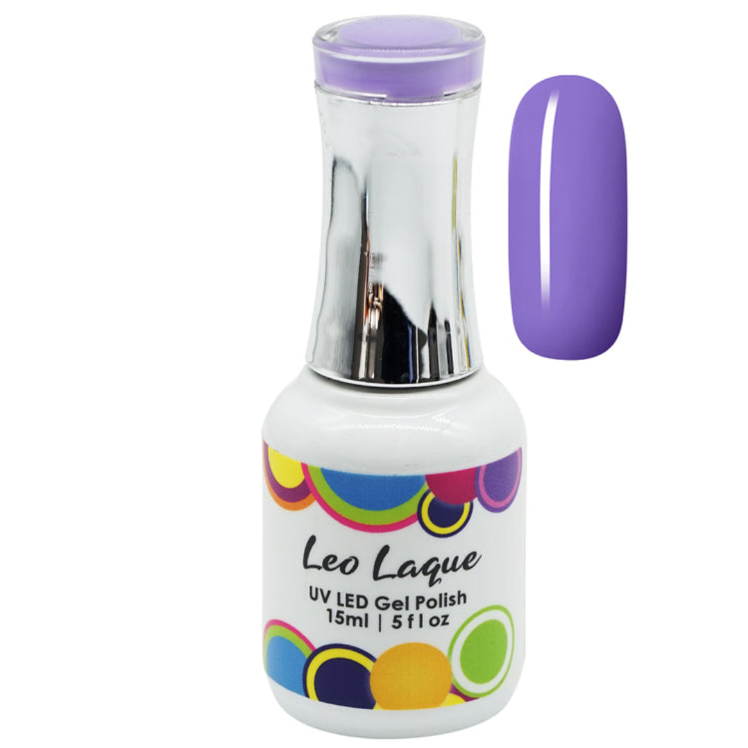 A bottle of Leo Laque UV LED gel nail polish in a light purple shade, shown next to a matching glossy purple nail swatch on a plain white background.