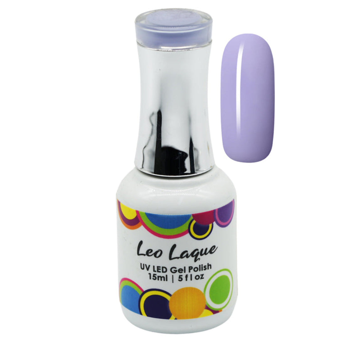 A bottle of Leo Laque UV LED Gel Polish in a light lavender shade, shown alongside a matching oval nail color swatch on a plain white background.