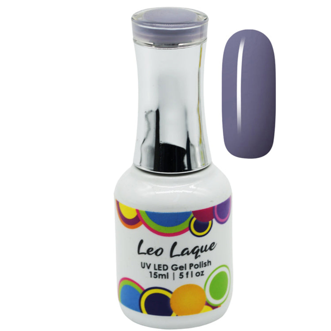 A bottle of Leo Lague UV LED Gel Polish in a dusty purple shade, shown alongside a vertical nail swatch displaying the same color on a clean white background.