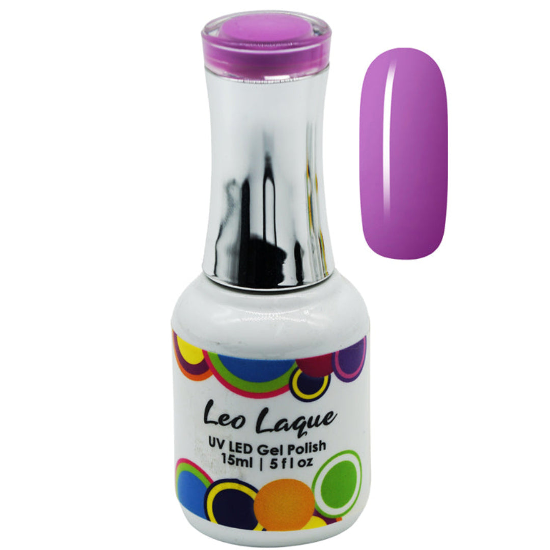 A bottle of Leo Laque UV LED gel nail polish in a vibrant purple shade, shown alongside a matching oval nail swatch on a plain white background.