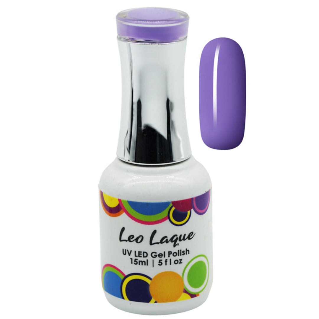 A bottle of Leo Laque UV LED Gel Polish in a vibrant purple shade, shown alongside a matching oval nail color swatch on a plain white background.