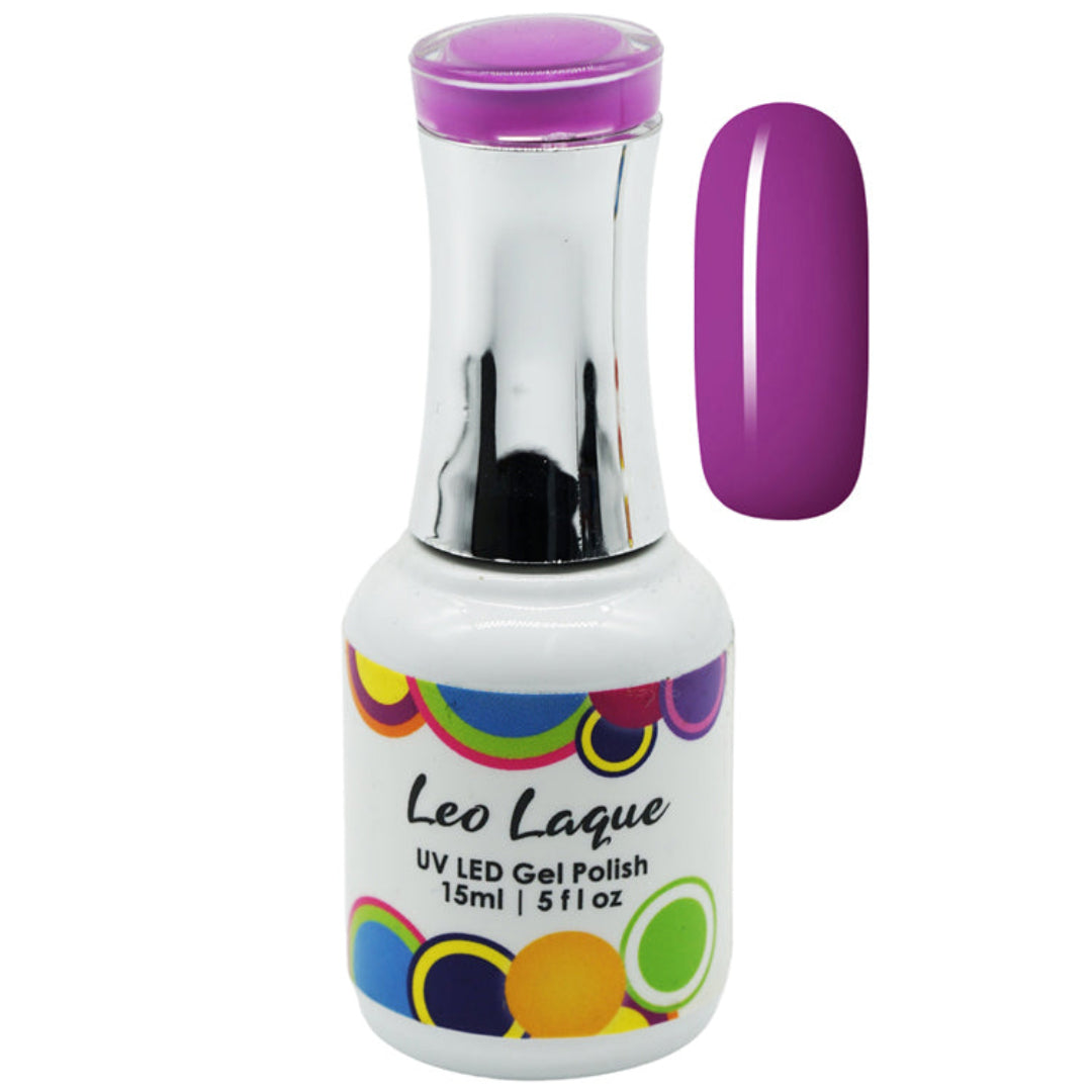A bottle of Leo Laque UV LED Gel Polish in a vibrant purple shade, shown next to a matching oval nail color swatch on a plain white background.