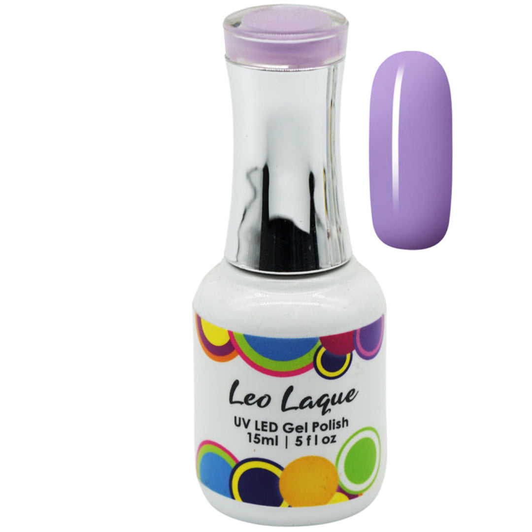 A bottle of Leo Laque UV LED Gel Polish in a light purple shade, shown next to a matching oval nail color swatch on a plain white background.
