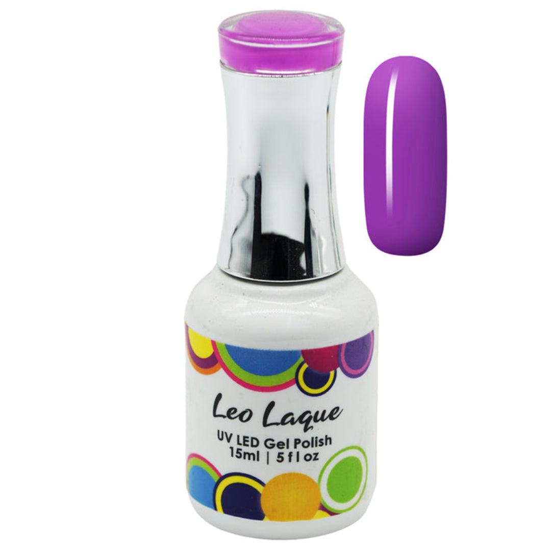 A bottle of Leo Laque UV LED Gel Polish in a vibrant purple shade, shown alongside a matching solid purple nail swatch on a clean white background.