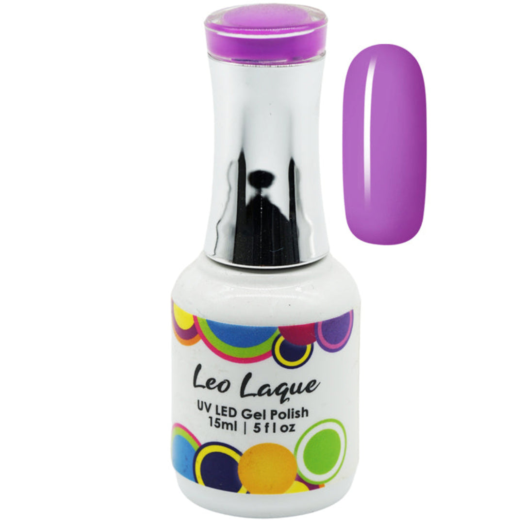 A bottle of Leo Laque UV LED Gel Polish in a vibrant purple shade, shown alongside a matching glossy purple nail swatch on a plain white background.