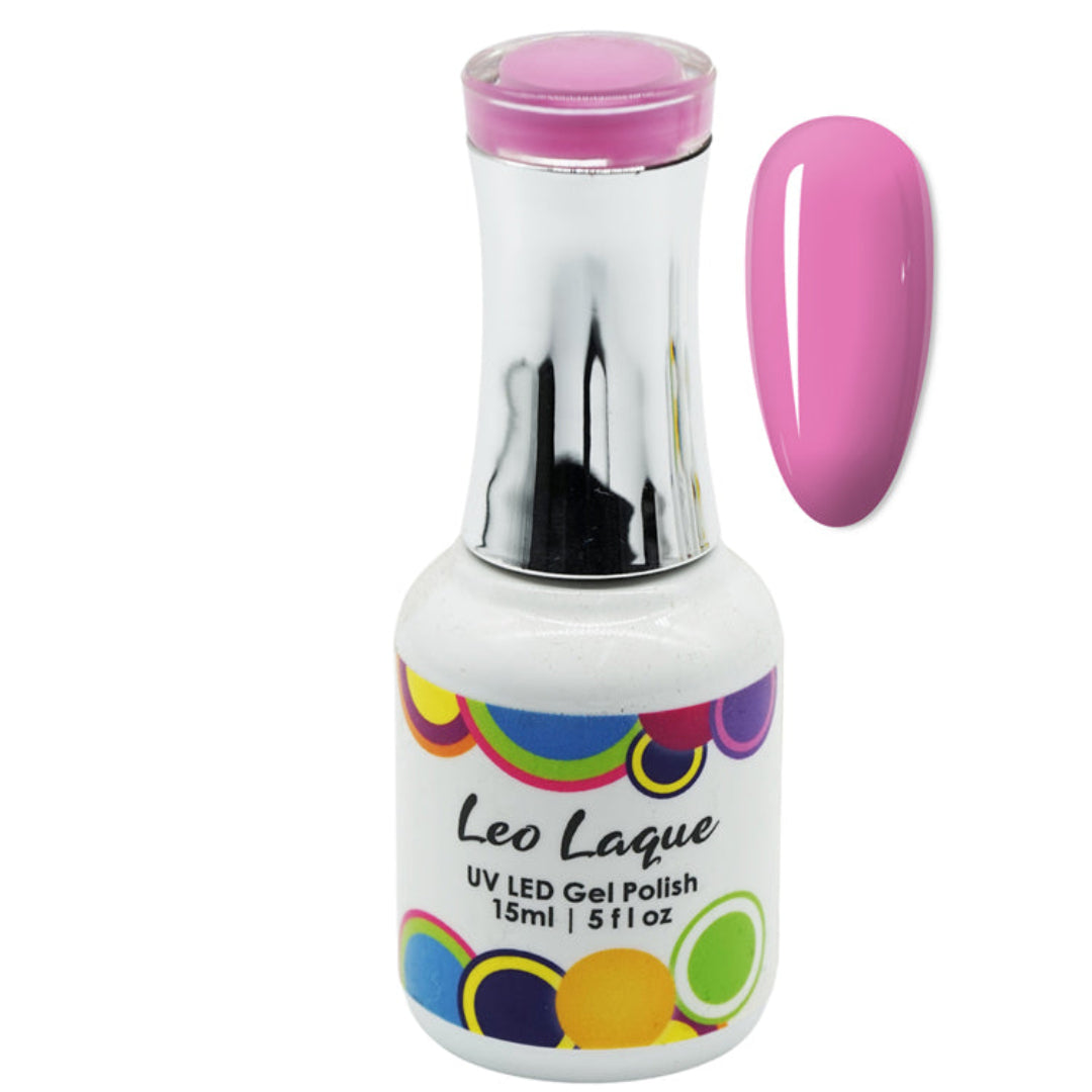 A bottle of Leo Laque UV LED gel nail polish in a vibrant pink shade, shown alongside a matching pink nail swatch on a plain white background.