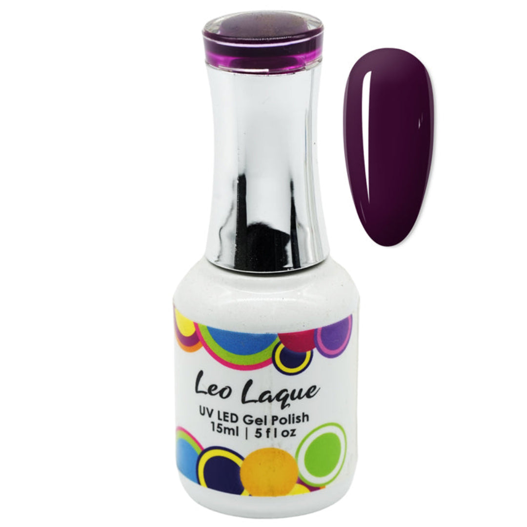 A bottle of Leo Laque UV LED Gel Polish in a deep plum purple shade, shown alongside a matching oval nail color swatch on a plain white background.