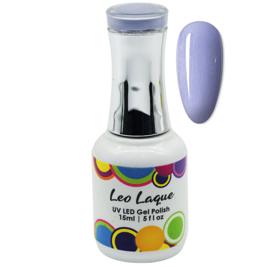 A bottle of Leo Laque UV LED Gel Polish in a light lavender-purple shade, shown alongside a matching nail color swatch on a plain white background.