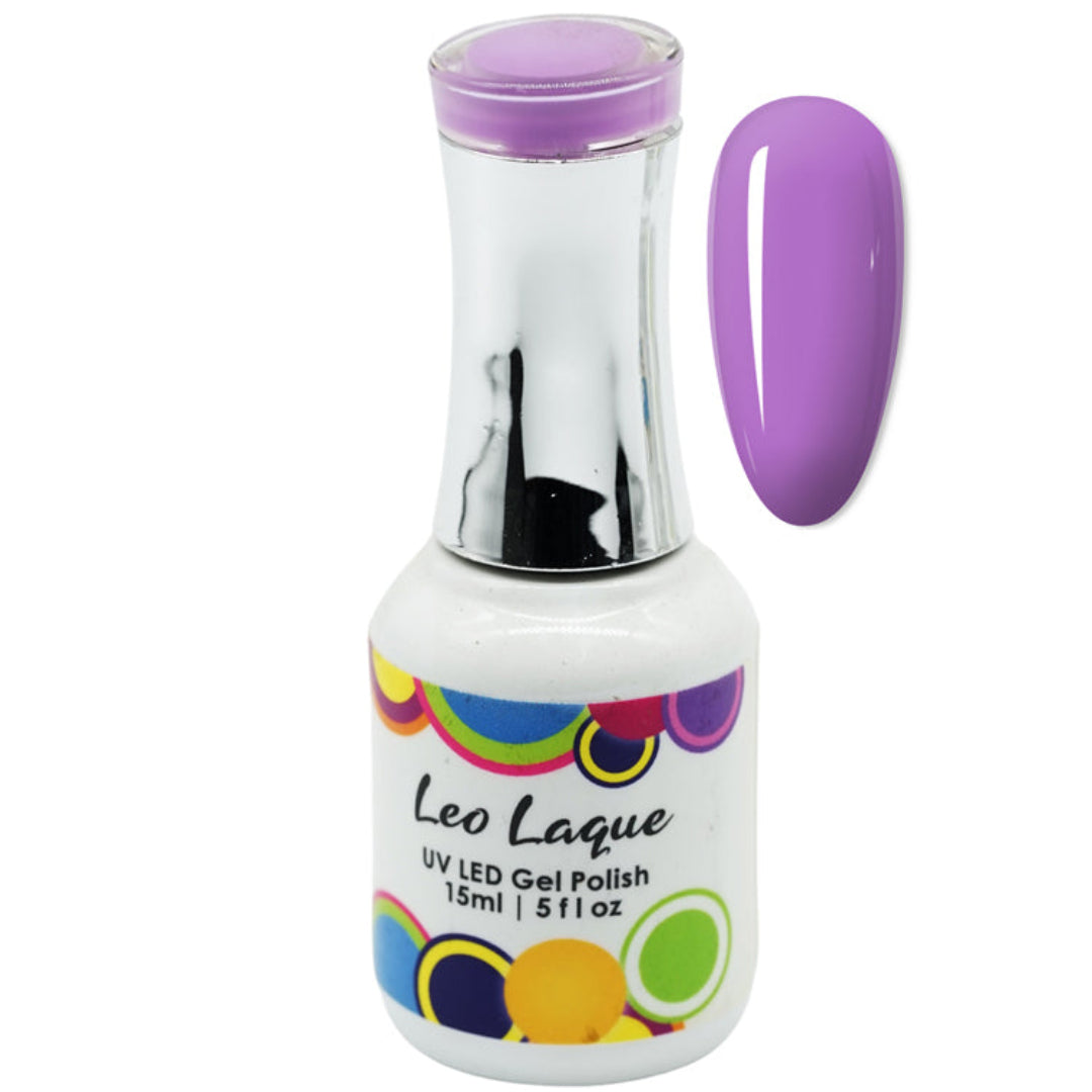 A bottle of Leo Laque UV LED Gel Nail Polish in a vibrant purple shade, shown alongside a matching oval nail swatch on a plain white background.