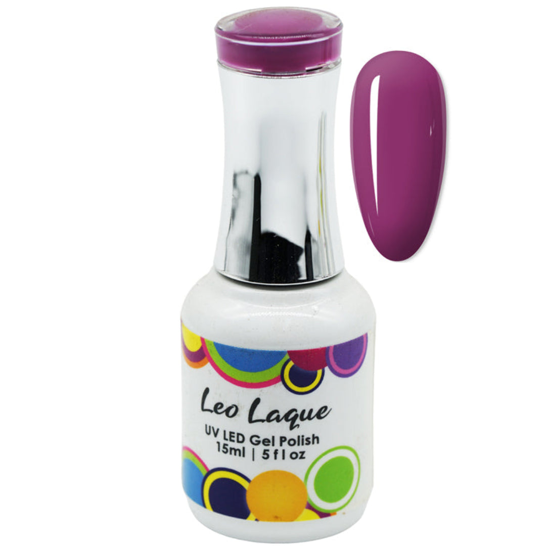 A bottle of Leo Laque UV LED Gel Polish in a vibrant magenta-purple shade, shown alongside a matching nail color swatch on a plain white background.