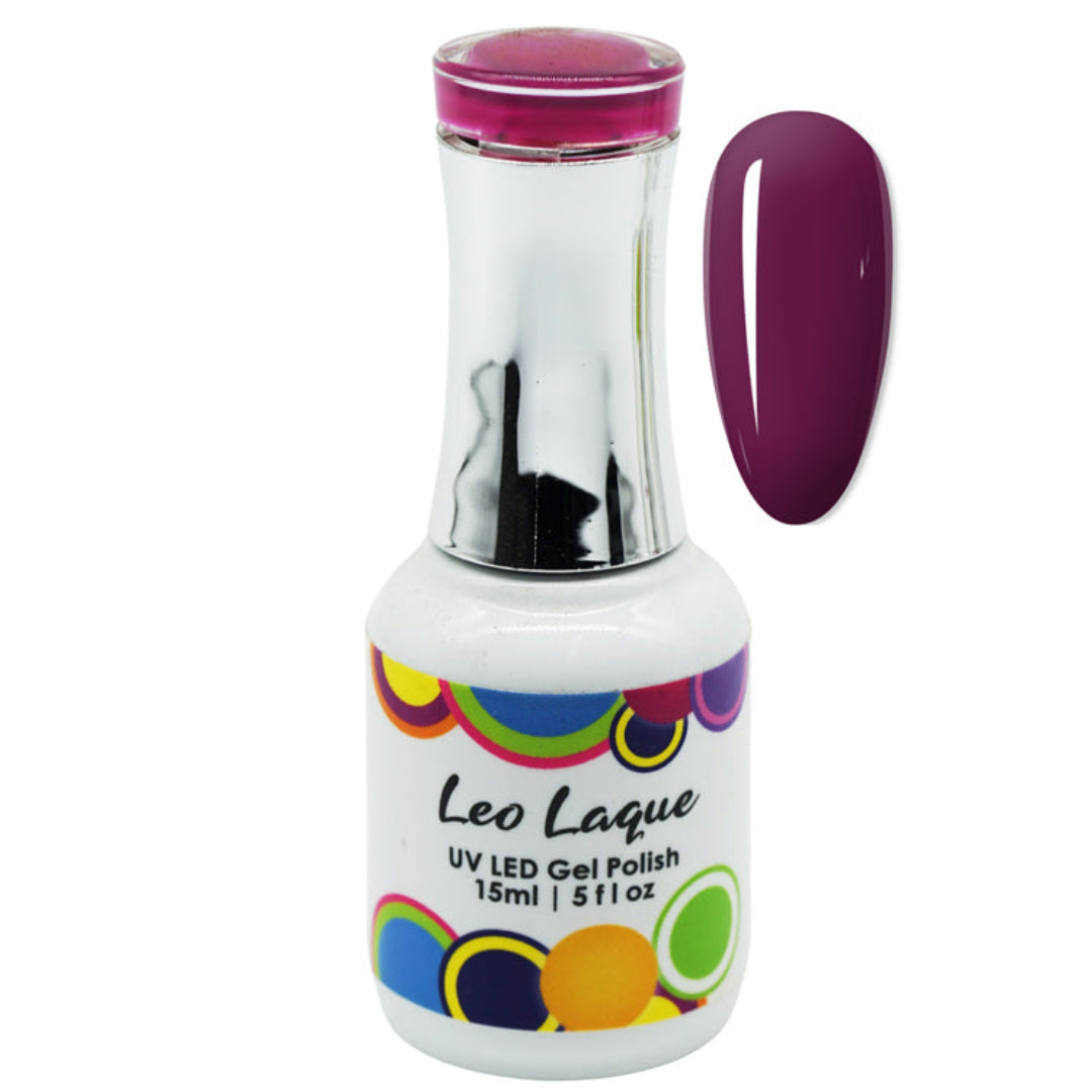 A bottle of Leo Laque UV LED Gel Polish in a deep plum purple shade, shown alongside a matching oval nail color swatch on a plain white background.
