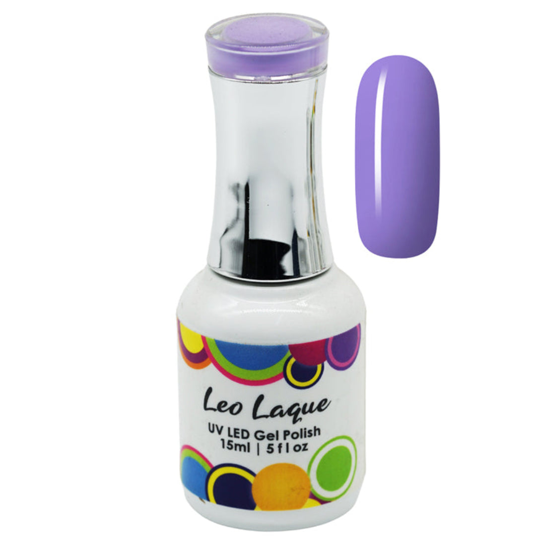 A bottle of Leo Laque UV LED Gel Polish in a light purple shade, shown alongside a matching oval nail color swatch on a plain white background.