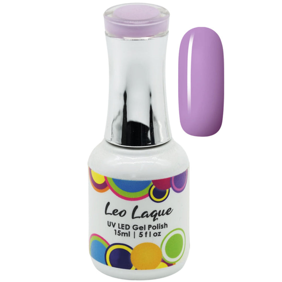 A bottle of Leo Laque UV LED Gel Polish in a light purple shade, shown alongside a matching oval nail color swatch on a plain white background.