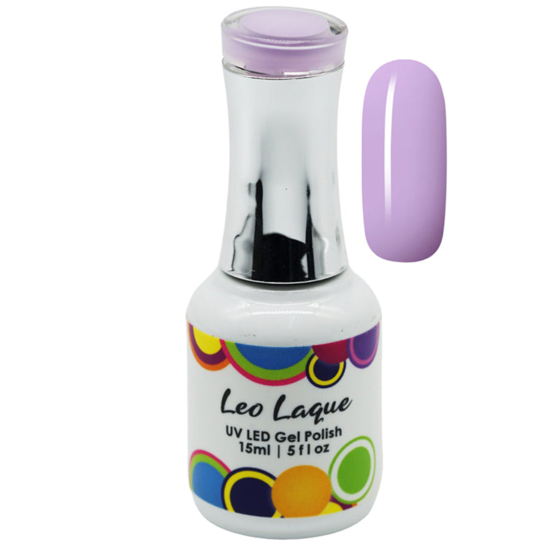 A bottle of Leo Laque UV LED Gel Polish in a light purple shade, shown alongside a matching oval nail color swatch on a plain white background.