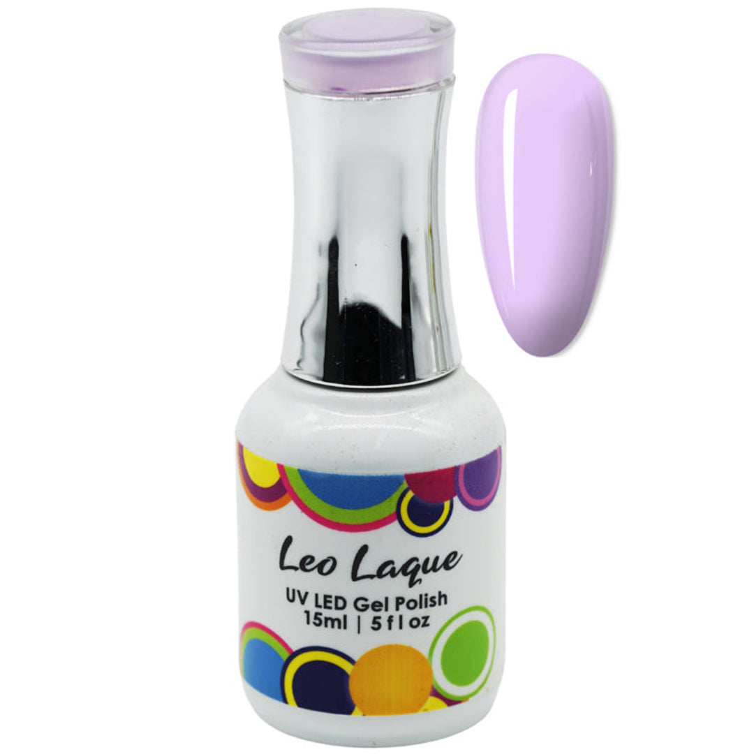 A bottle of Leo Laque UV LED Gel Polish in a light lavender shade, shown next to a matching glossy nail swatch on a plain white background.