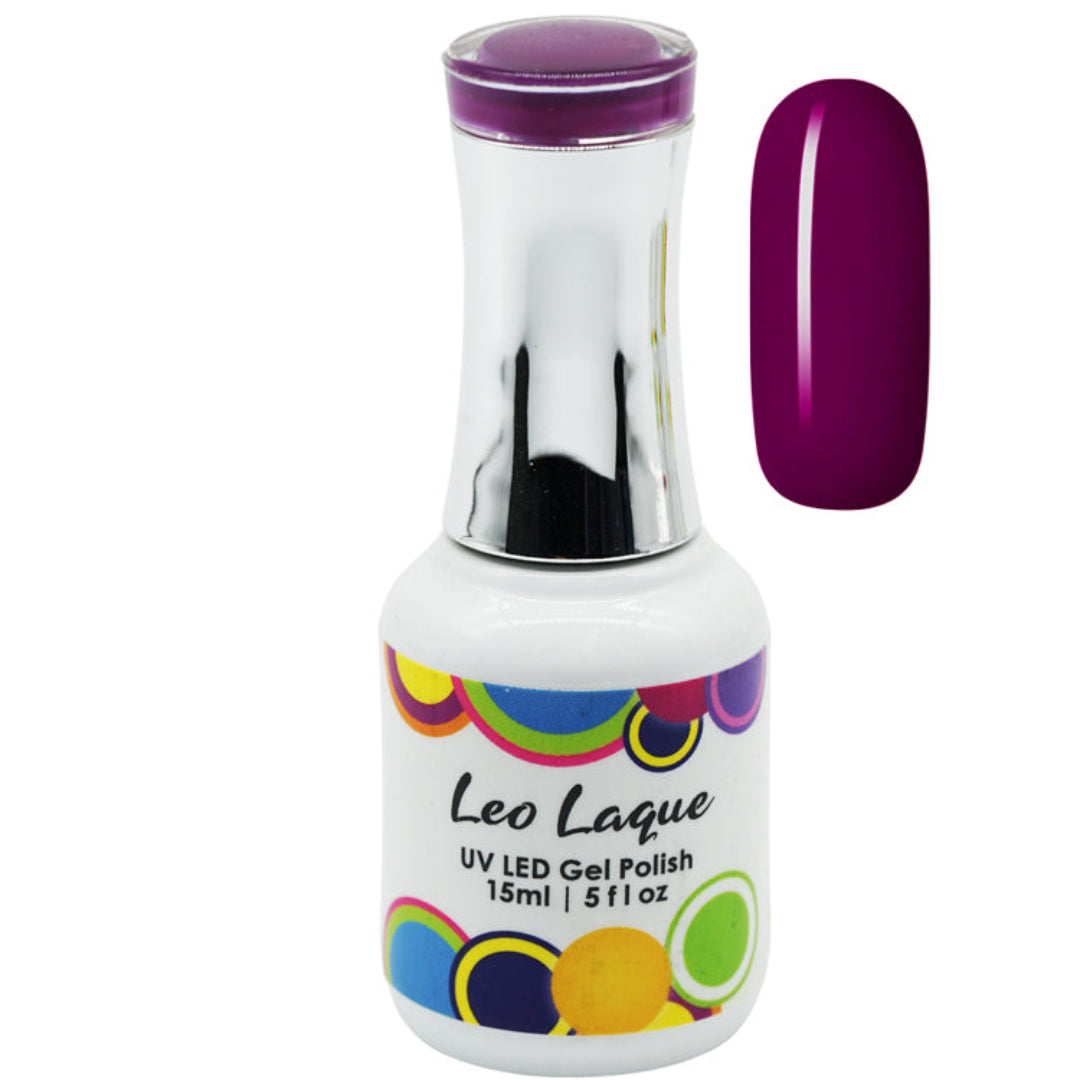 A bottle of Leo Laque UV LED Gel Polish in a deep magenta-purple shade, shown next to a matching glossy nail color swatch on a plain white background.