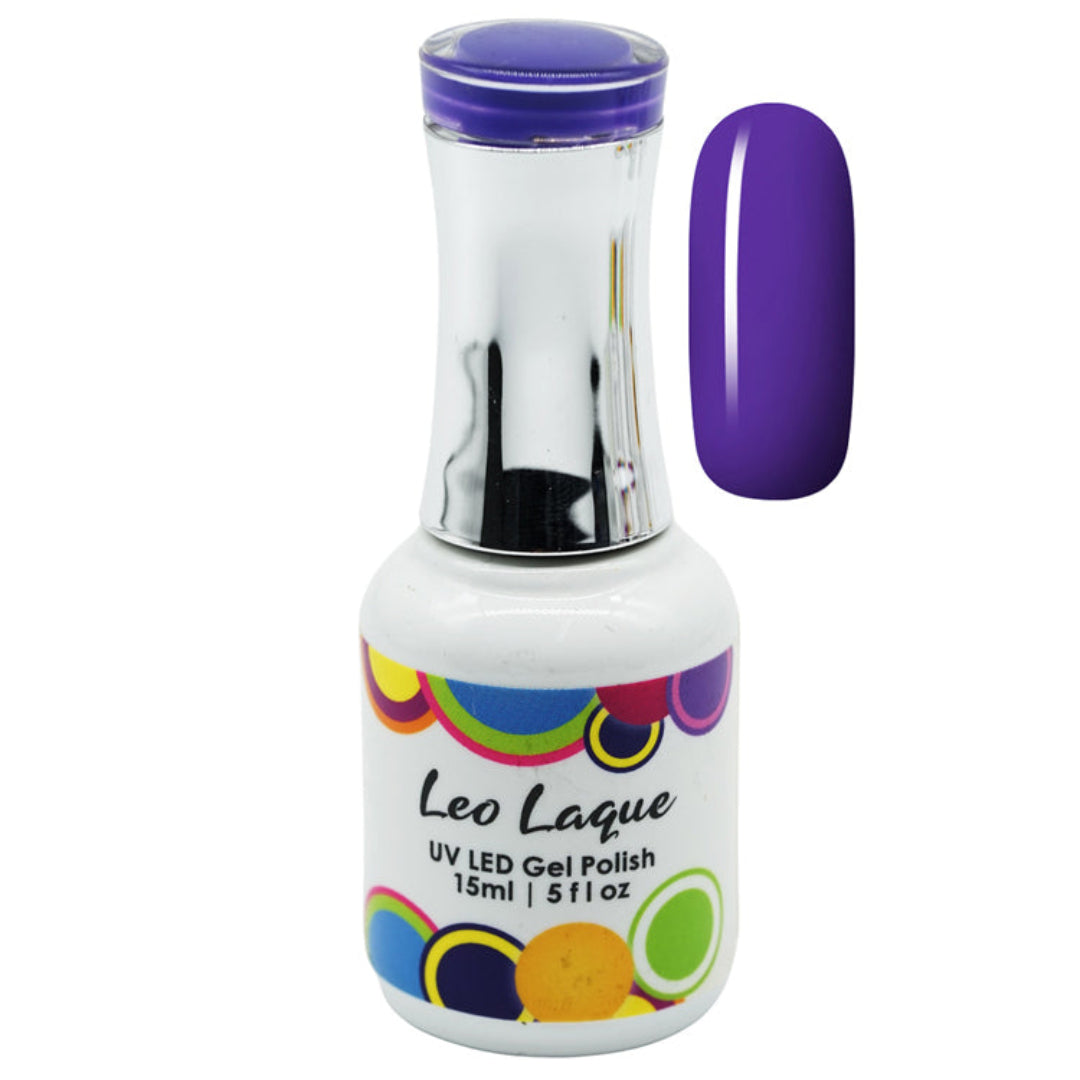 A bottle of Leo Laque UV LED Gel Polish in a vibrant purple shade, shown alongside a matching purple-blue nail swatch on a plain white background.