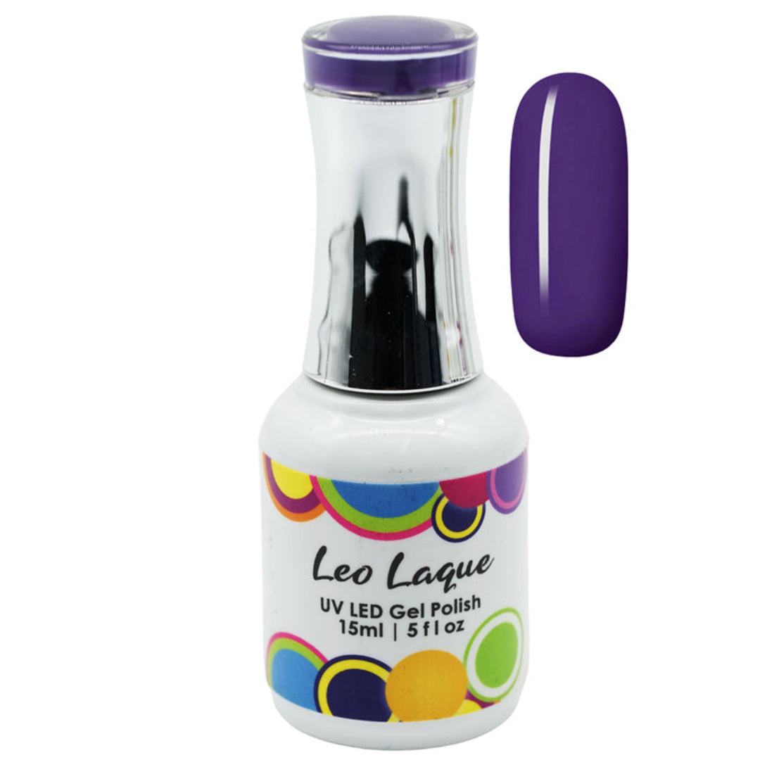 A bottle of Leo Laque UV LED Gel Polish in a deep purple shade, shown alongside a vertical oval swatch of the same purple color on a white background.