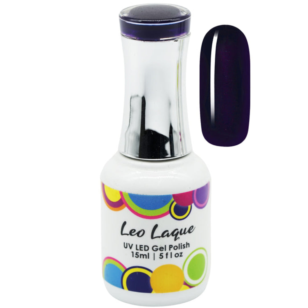 A bottle of Leo Laque UV LED Gel Polish with a dark purple shade, shown alongside a vertical nail swatch displaying the deep purple color.