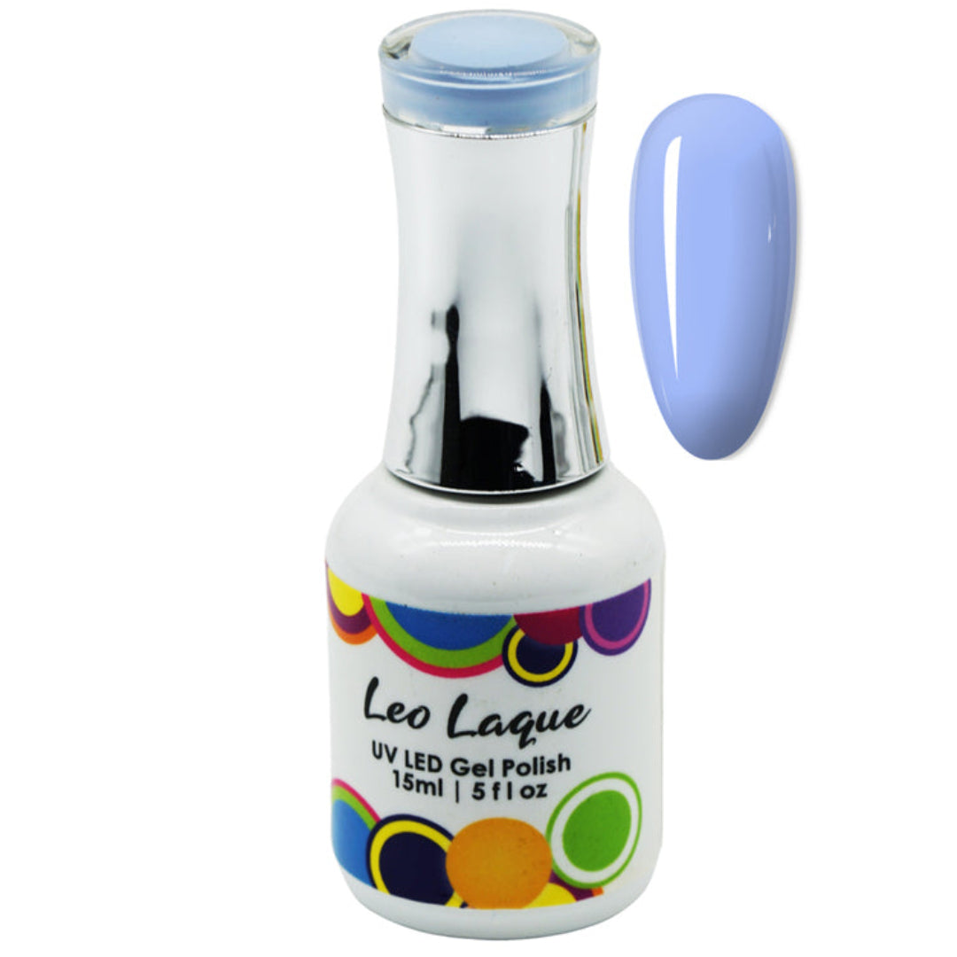 A bottle of Leo Laque UV LED Gel Polish with a light blue shade swatch shown next to it on a white background.