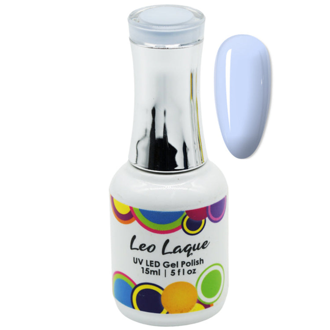A bottle of Leo Laque UV LED Gel Polish with a clear cap and a matching light blue nail swatch shown next to it on a white background.