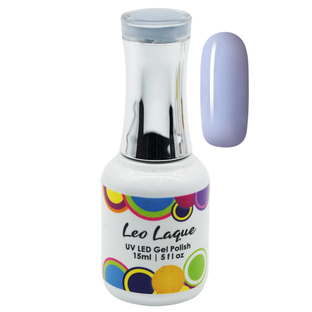 A bottle of Leo Laque UV LED Gel Polish with a matching lavender-purple nail swatch displayed next to it on a plain white background.