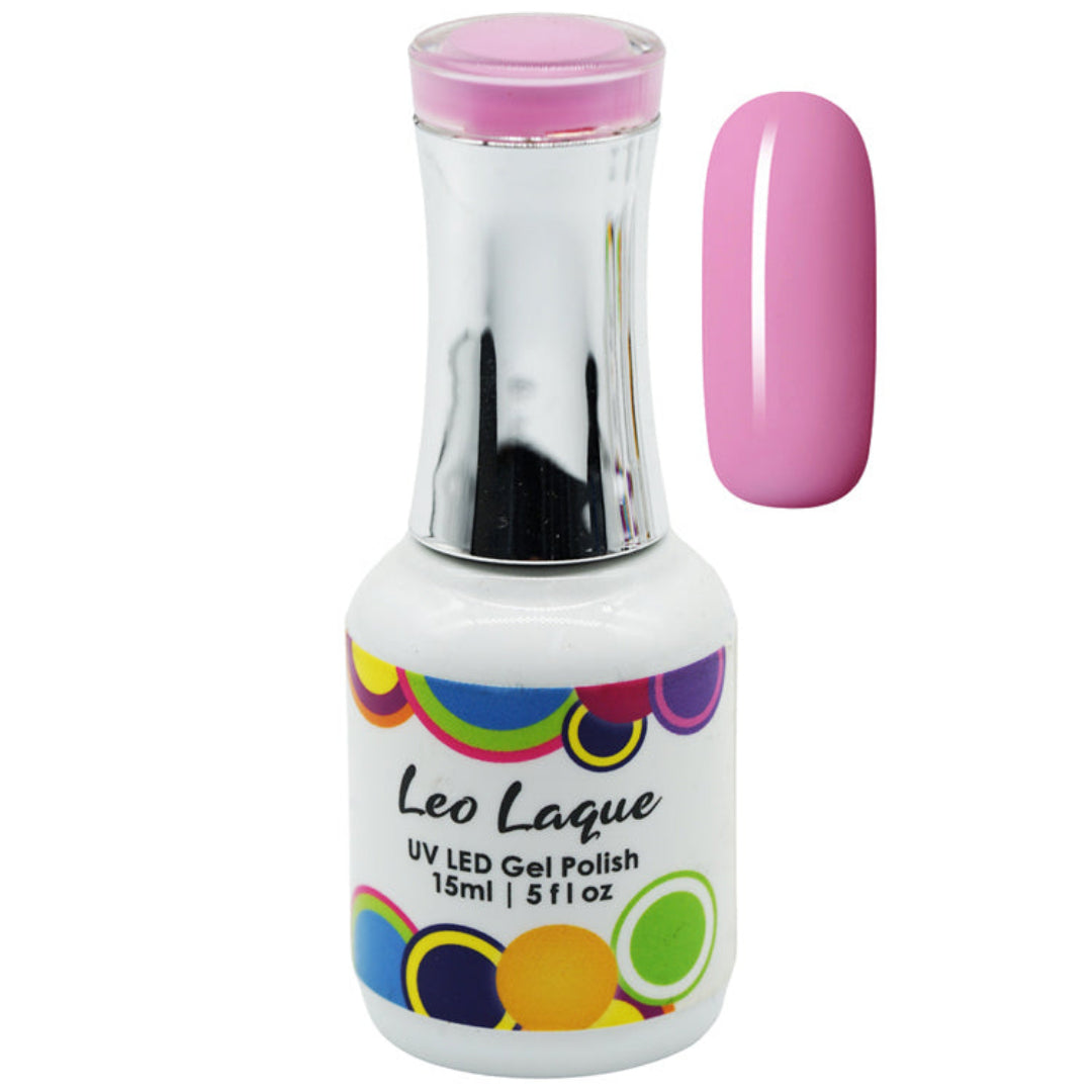 A bottle of Leo Laque UV LED Gel Polish in shade Pink, shown alongside a matching pink nail swatch on a white background.