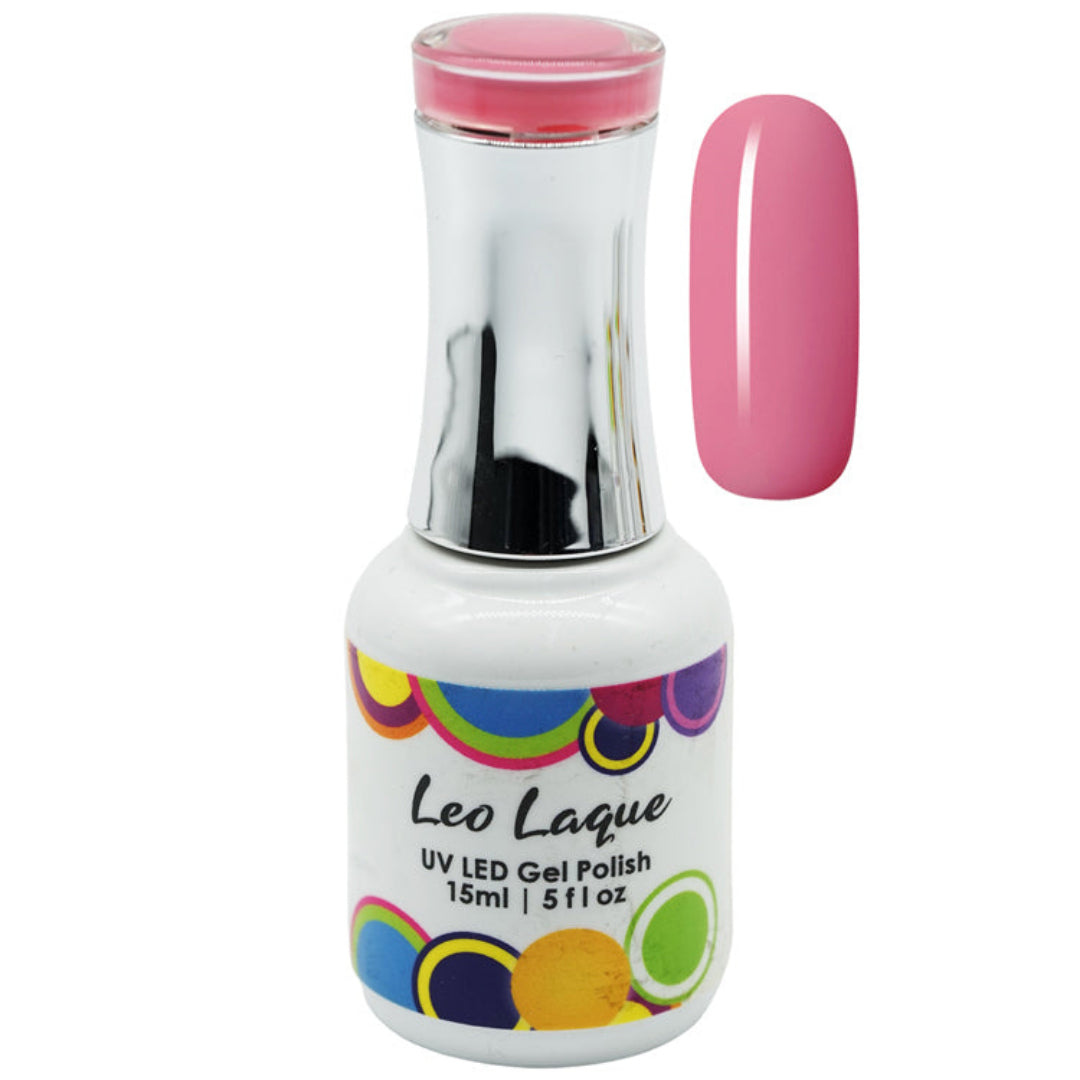 A bottle of Leo Laque UV LED Gel Polish in a vibrant pink shade, shown alongside a matching pink nail swatch on a plain white background.