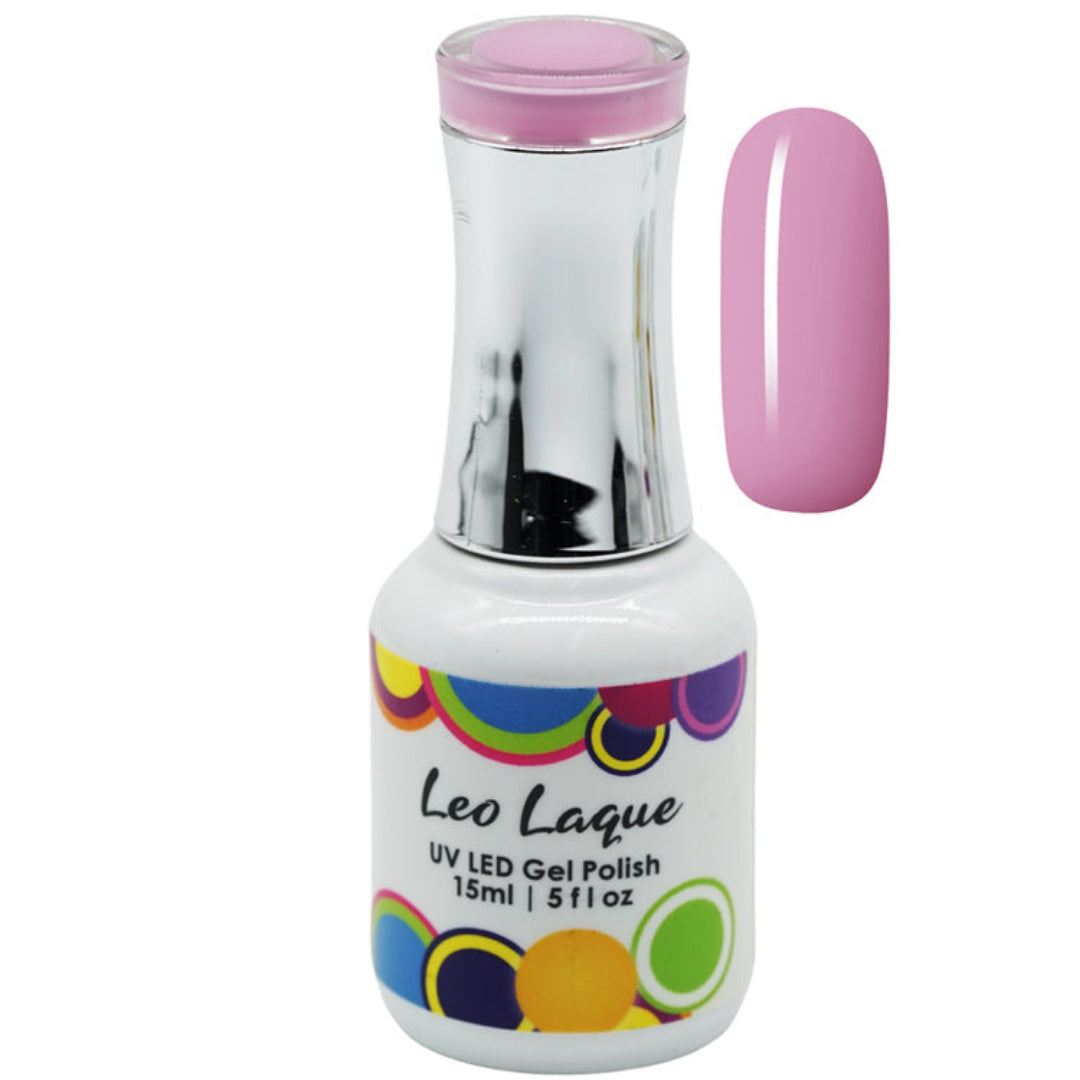 A bottle of Leo Laque UV LED Gel Polish in a light pink shade, shown alongside a matching pink nail swatch on a plain white background.