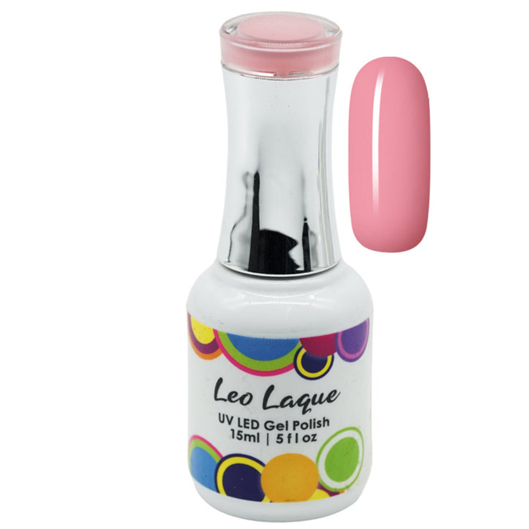 A bottle of Leo Laque UV LED gel nail polish in a light pink shade, shown alongside a matching pink nail swatch on a plain white background.