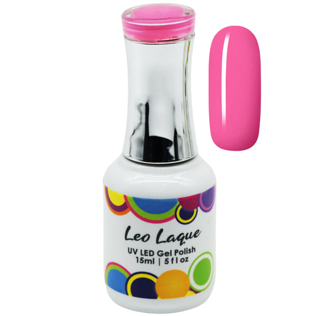 A bottle of Leo Laque UV LED Gel Polish in a vibrant pink shade, shown alongside a matching pink nail swatch on a plain white background.