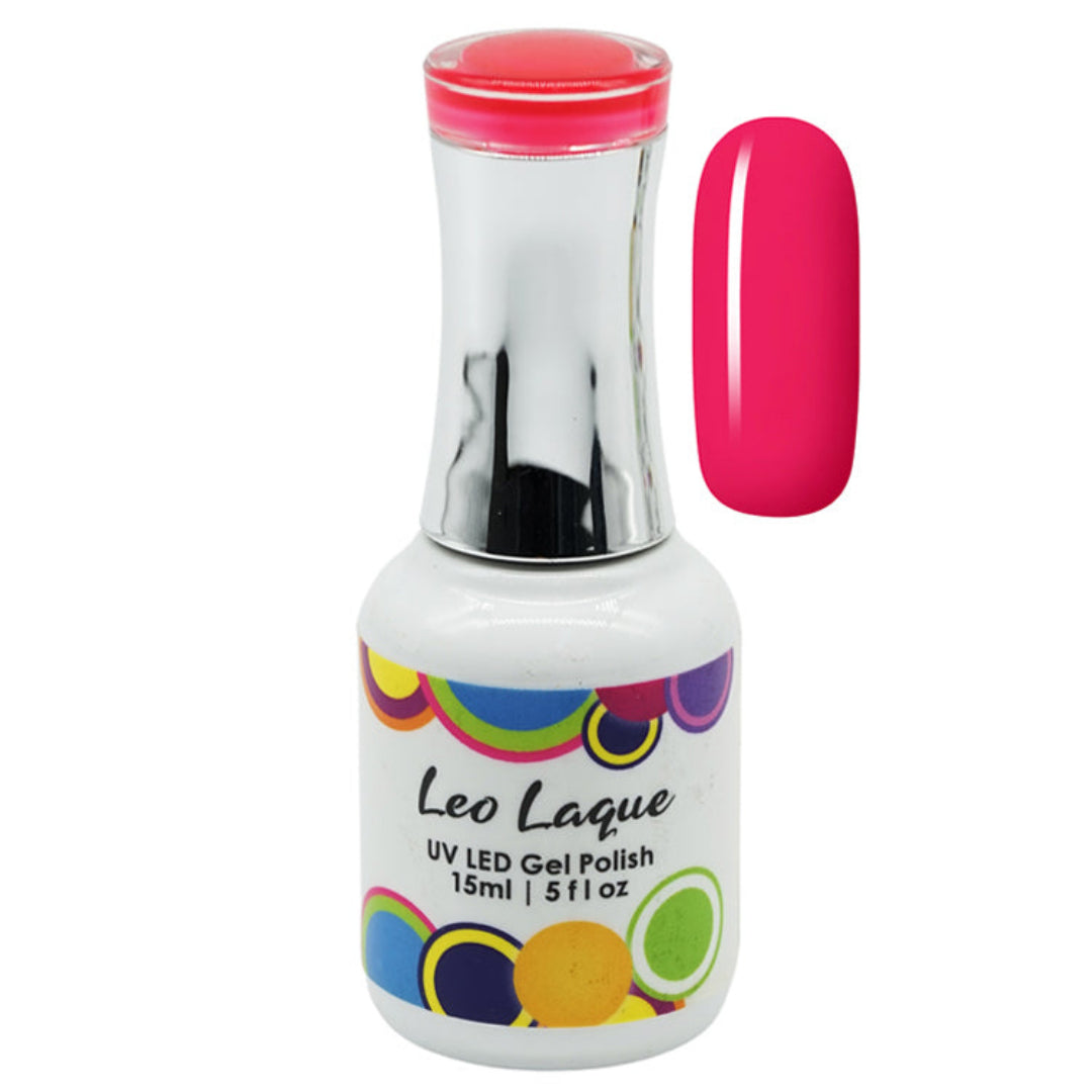 A bottle of Leo Laque UV LED Gel Polish in a vibrant hot pink shade, shown alongside a matching pink nail swatch on a plain white background.