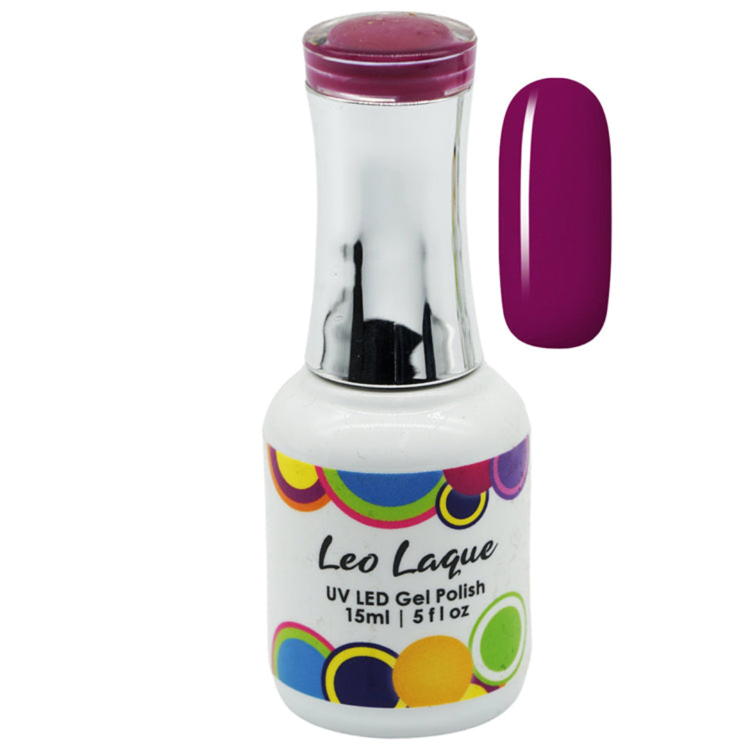 A bottle of Leo Laque UV LED Gel Polish in a deep magenta-purple shade, shown alongside a matching glossy nail color swatch on a plain white background.