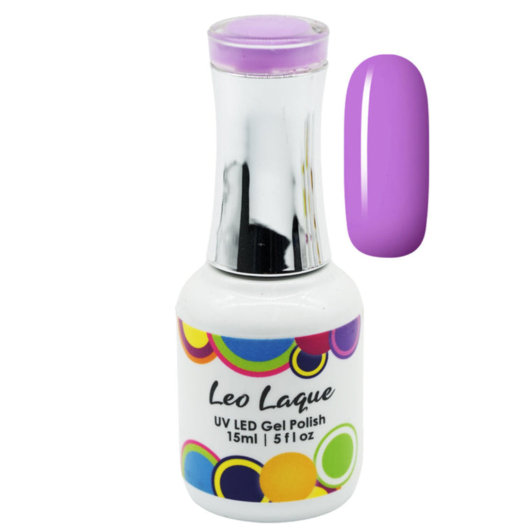 A bottle of Leo Laque UV LED Gel Polish in a vibrant purple shade, shown alongside a matching glossy purple nail swatch on a plain white background.