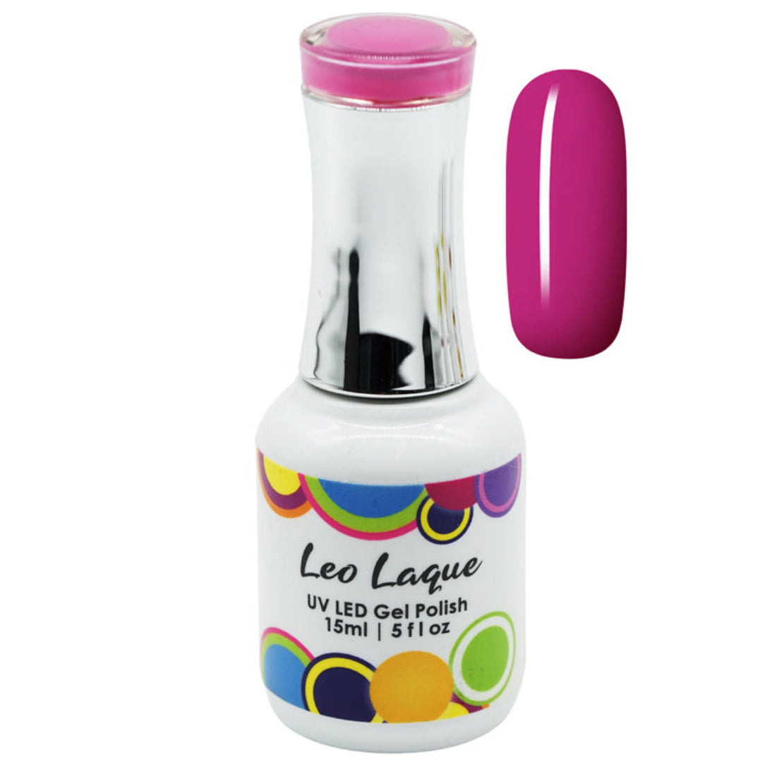 A bottle of Leo Laque UV LED Gel Polish with a white label and colorful circular accents, shown next to a vertical swatch of the magenta-pink polish on a white background.
