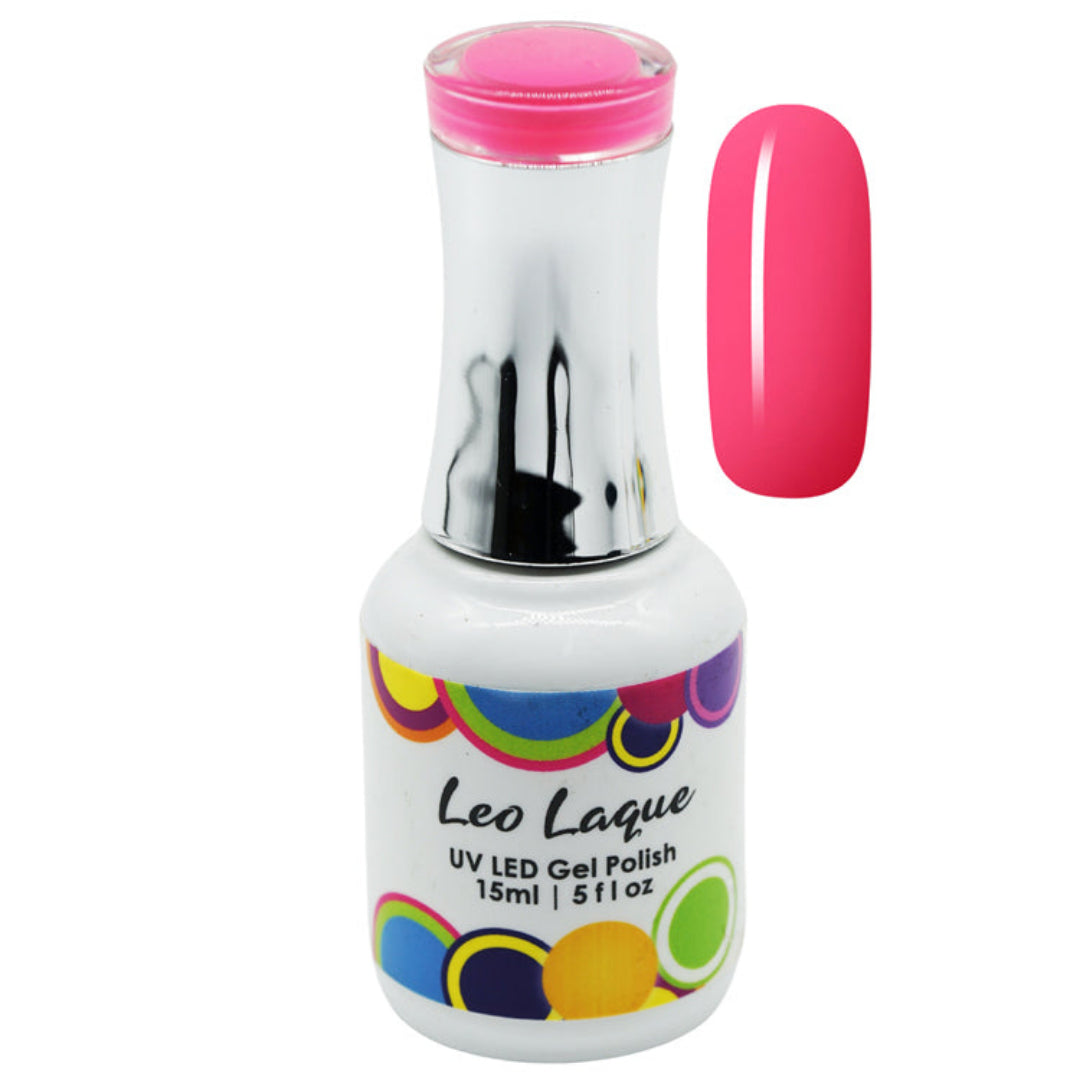 A bottle of Leo Laque UV LED Gel Polish in a vibrant hot pink shade, shown alongside a matching glossy nail swatch on a plain white background.