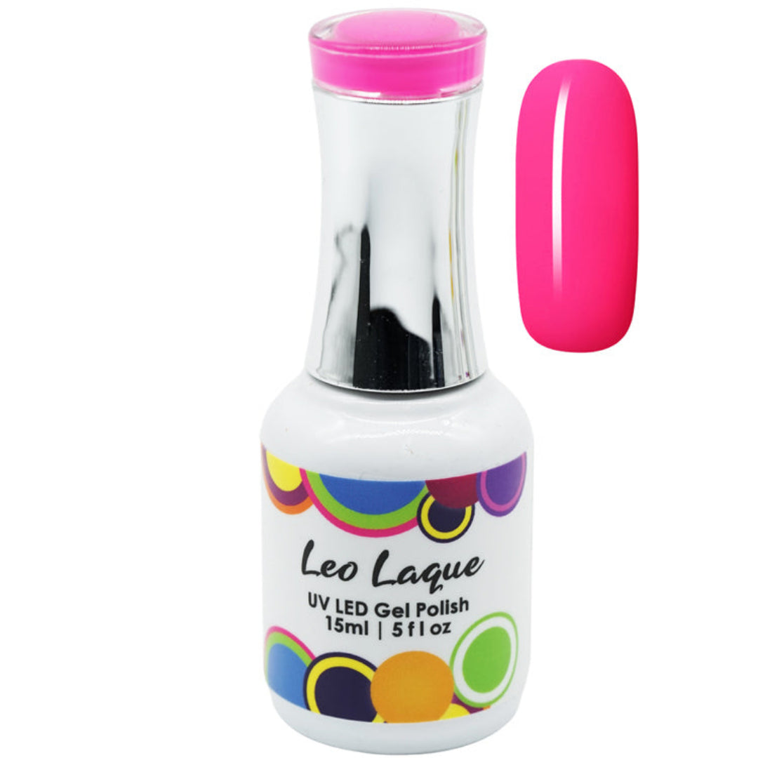 A bottle of Leo Laque UV LED Gel Polish in a bright hot pink shade, shown alongside a matching pink nail swatch on a plain white background.