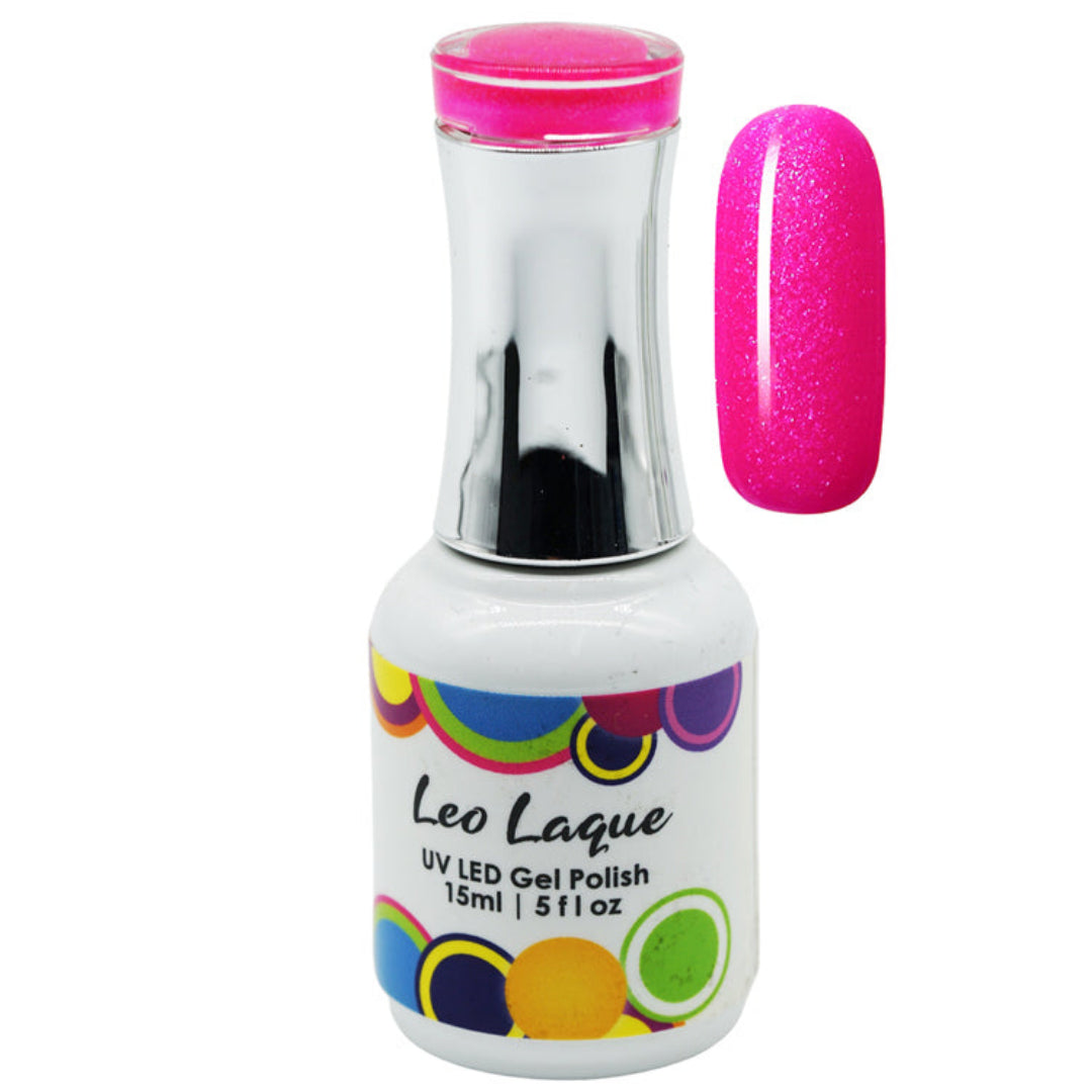 A bottle of Leo Laque UV LED gel nail polish with a white label and a silver cap, shown next to a vertical oval swatch of the bright pink glitter polish on a white background.
