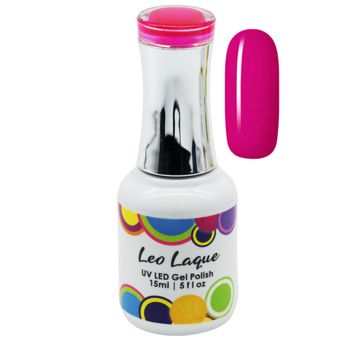A bottle of Leo Laque UV LED gel polish with a silver cap and a bright pink color swatch shown next to it on a white background.