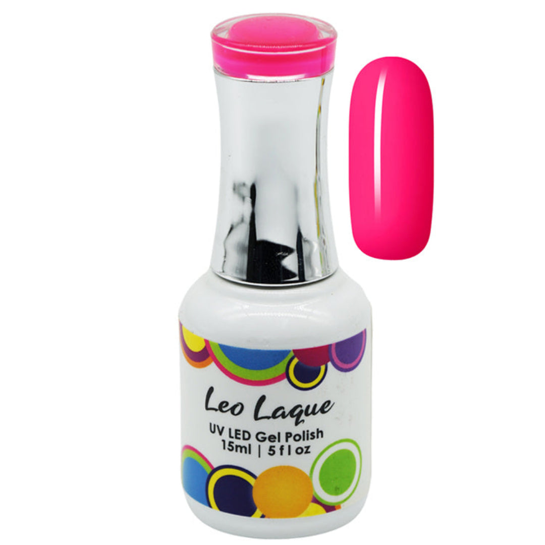 A bottle of Leo Laque UV LED Gel Polish in a vibrant hot pink shade, shown alongside a matching hot pink nail swatch on a plain white background.