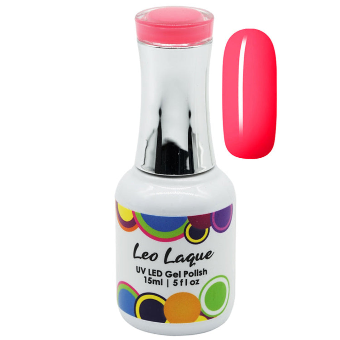 A bottle of Leo Laque UV LED gel nail polish in a bright pink shade, shown alongside a matching glossy nail swatch on a plain white background.
