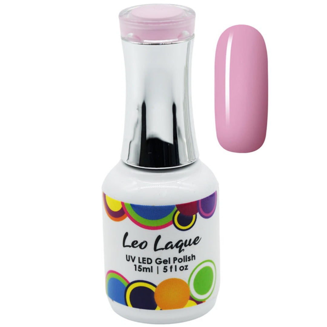 A bottle of Leo Laque UV LED Gel Polish in a light pink shade, shown alongside a matching pink nail swatch on a plain white background.