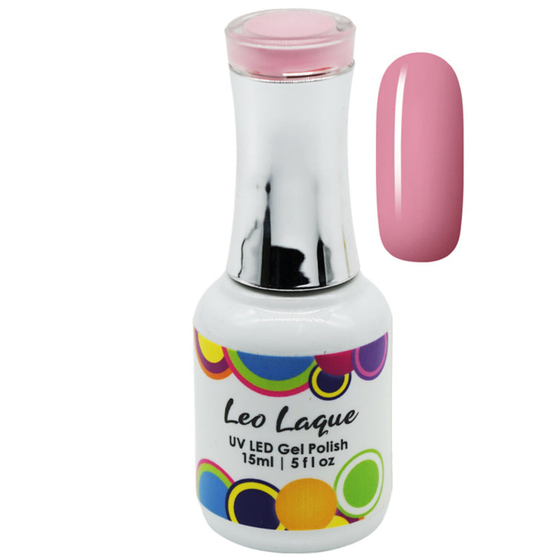 A bottle of Leo Laque UV LED gel polish in a light pink shade, shown alongside a matching pink nail swatch on a plain white background.
