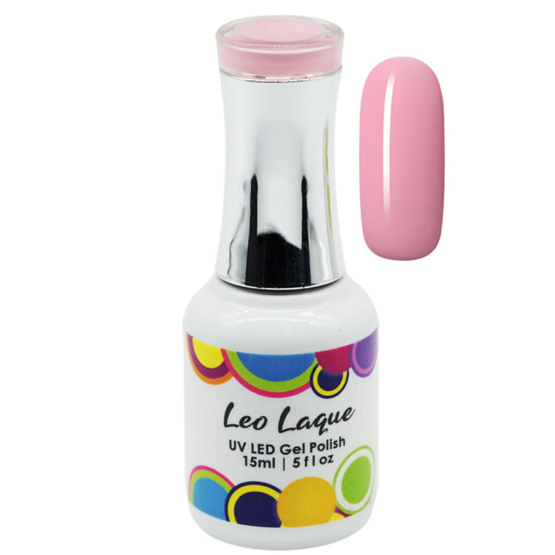 A bottle of Leo Laque UV LED gel polish in a light pink shade, shown alongside a matching pink nail swatch on a plain white background.