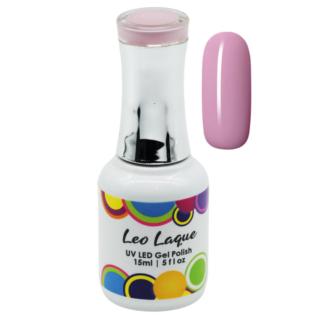 A bottle of Leo Laque UV LED Gel Nail Polish in a light pink shade, shown alongside a matching pink nail swatch on a plain white background.