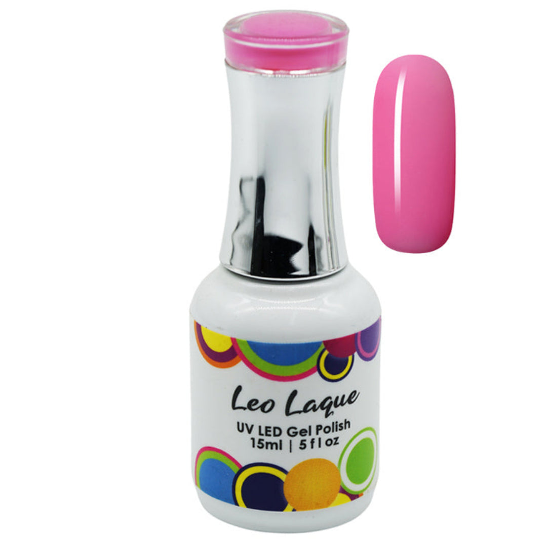 A bottle of Leo Laque UV LED gel polish in a vibrant pink shade, shown alongside a matching glossy pink nail swatch on a plain white background.