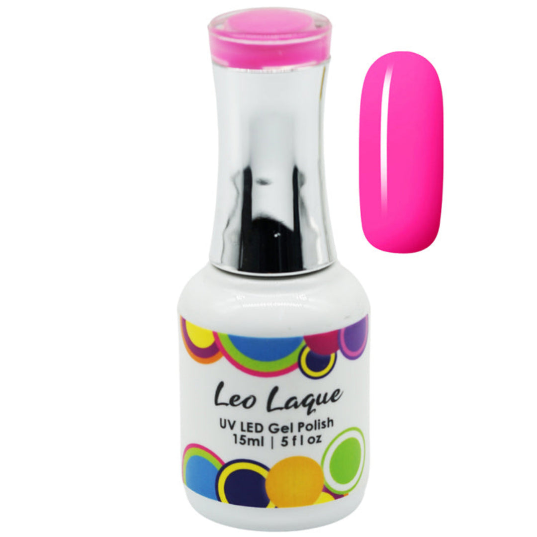 A bottle of Leo Laque UV LED Gel Polish in a bright neon pink shade, shown alongside a matching pink nail swatch on a plain white background.